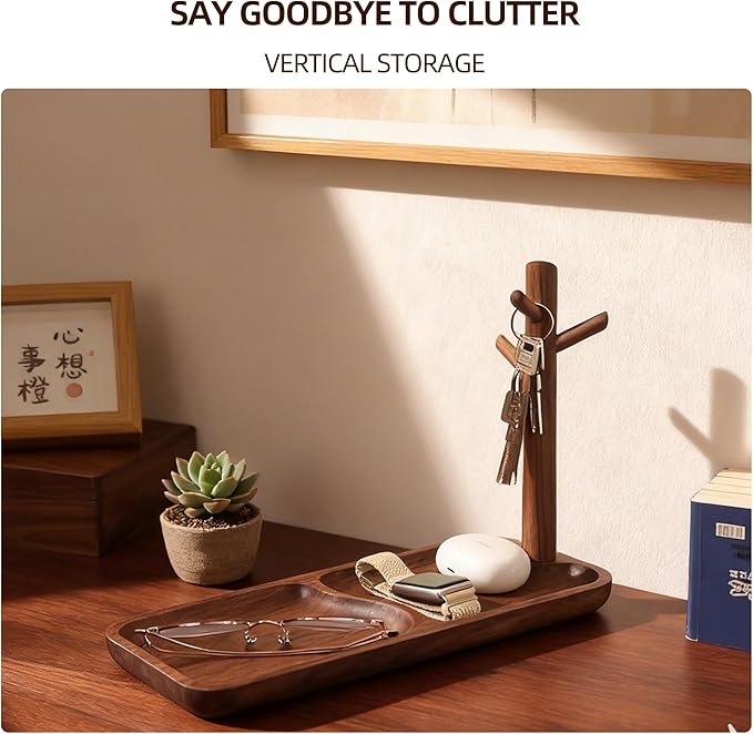 Solid Black Walnut Wooden Key Tray, Multi-Functional Key Bowl for Entryway Table, Key Holder Stand equipped with 3 Hooks, Woo