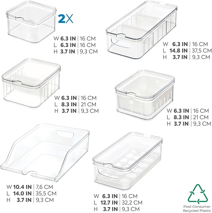 iDesign Crisp 7-Piece Recycled Plastic Refrigerator Organizer Bin Set with Lids, Clear/White