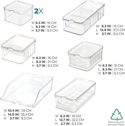 iDesign Crisp 7-Piece Recycled Plastic Refrigerator Organizer Bin Set with Lids, Clear/White
