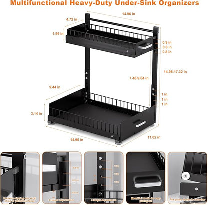 Under Sink Organizer,2 Tier Slide Out Kitchen Cabinet Organizers with Pulley,Under Bathroom Sink Pull Out Organizer with Mult