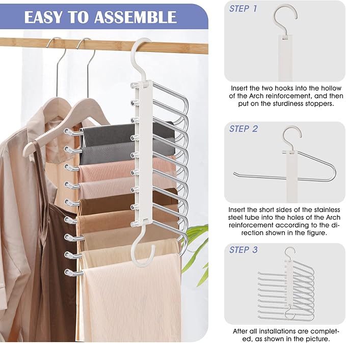 Upgrade 9 Layers Pants Hangers Space Saving, 2 Pack Pant Hangers Organizer Multifunctional Pants Rack Space Saver Closet Orga
