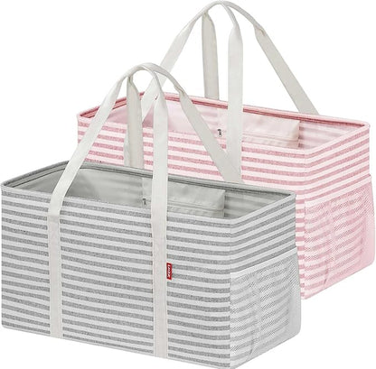 LHZ.K Standing Extra Large Utility Tote Bag 2 Pack, Foldable Reusable Grocery Bags with Metal Wire Frame & Hard Bottom Board