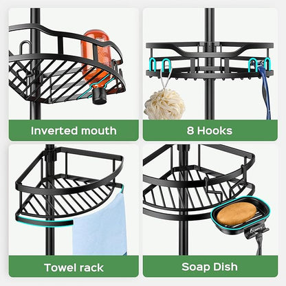HAMITOR Shower Caddy Tension Pole: Rustproof Quick Install Corner Bathroom Organizer Shelf on Floor for Renters - 4-Tier Larg