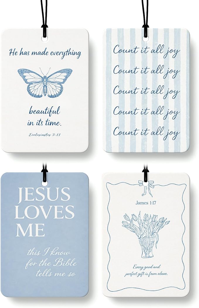 Blue Christian Car Air Freshener 4 Pcs, Preppy Blue Butterfly Tulip Religious Bible Verse Hanging Air Freshener for Closet Dr