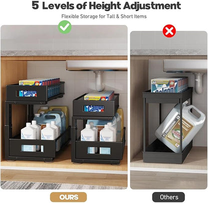 1 Pack 19IN Depth Under Sink Organizer, 2-Tier Pull Out Cabinet Organizer With Smooth Circular Rail, Large Capacity Metal Mes