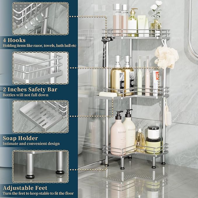 Consumest Corner Shower Caddy Standing - 3-Tier Stainless Steel Shower Organizer with Soap Holder and 4 Hooks, Large Capacity