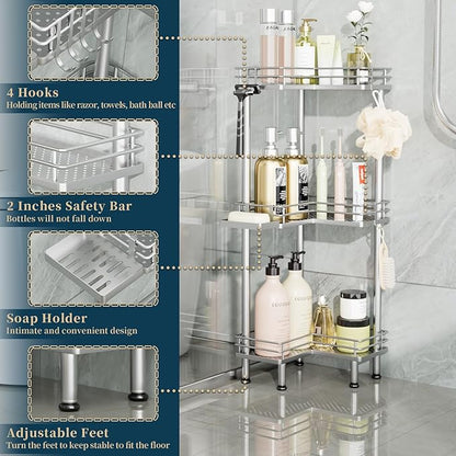 Consumest Corner Shower Caddy Standing - 3-Tier Stainless Steel Shower Organizer with Soap Holder and 4 Hooks, Large Capacity