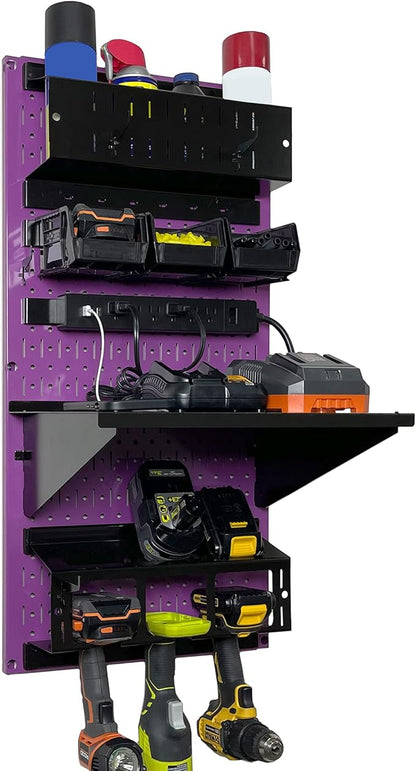 Wall Control Power Tool Storage Organizer Kit Cordless Drill Holder Charging Station Rack 16” x 32” Metal Pegboard Organizati