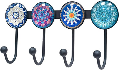 Coat Rack Wall Mounted with 4 Hooks, Round Blue Pattern Decorative Wall Hooks for Hanging Hat, Key, Towel, Purse, Bag and Rob