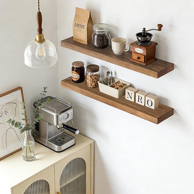 Floating Wall Shelf 36x6.8x1.7 Inch – Solid Wood Shelf in Dark Oak Finish – Heavy Duty Wall Mounted Rustic Display Shelf for 