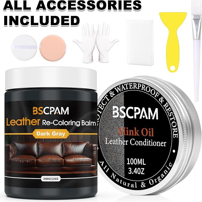 12oz Leather Recoloring Balm & 3.4oz Mink Oil Leather Conditioner kit,Dark Gray Leather Color Repair Kits for Couches, Leathe