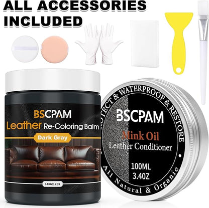 12oz Leather Recoloring Balm & 3.4oz Mink Oil Leather Conditioner kit,Dark Gray Leather Color Repair Kits for Couches, Leathe