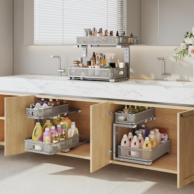 2 Pack 21.3IN-Depth Under Sink Organizer with Smooth Cylindrical Rail,2-Tier Pull Out Multi-Purpose Cabinet Storage for Bathr