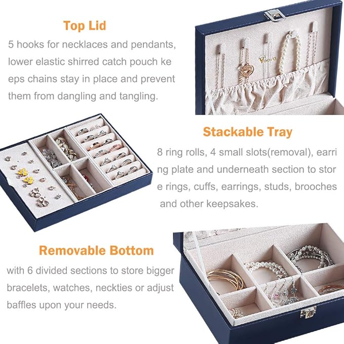 Voova Jewelry Box Organizer for Women Girls, 2 Layer Large Men Jewelry Storage Case,PU Leather Display Jewellery Holder with 