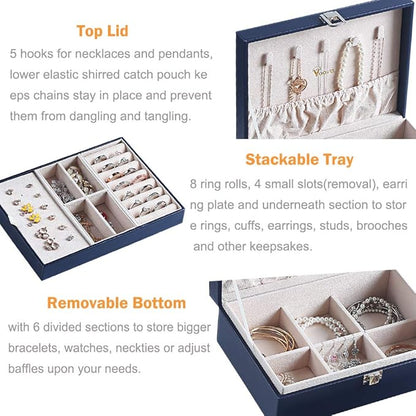 Voova Jewelry Box Organizer for Women Girls, 2 Layer Large Men Jewelry Storage Case,PU Leather Display Jewellery Holder with 