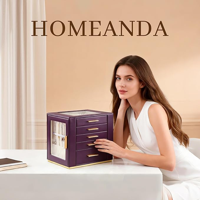 Homeanda Jewelry Box for Women with Glass Lid, 5 Drawers Jewelry Organizer and Storage for Necklaces, Rings, Earrings, Bracel
