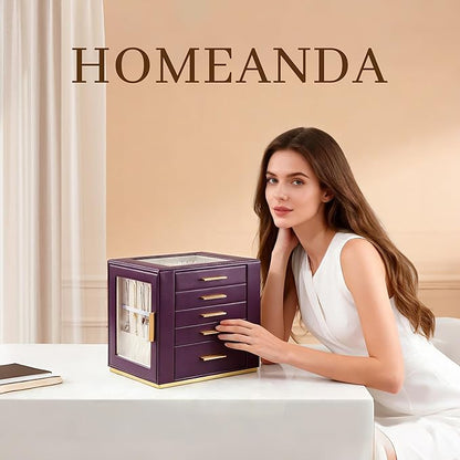 Homeanda Jewelry Box for Women with Glass Lid, 5 Drawers Jewelry Organizer and Storage for Necklaces, Rings, Earrings, Bracel
