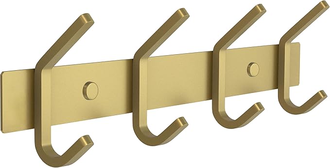 Brushed Gold Wall Mounted Coat Rack – 12 Inch Stainless Steel Rail with 4 Double Coat Hooks for Entryway, Bathroom, Bedroom, 