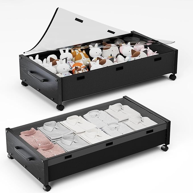 KITHELP Under Bed Storage with Wheels, Wooden Under Bed Drawers 2 Packs, Rolling Underbed Storage Containers Organizer with H