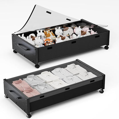 KITHELP Under Bed Storage with Wheels, Wooden Under Bed Drawers 2 Packs, Rolling Underbed Storage Containers Organizer with H