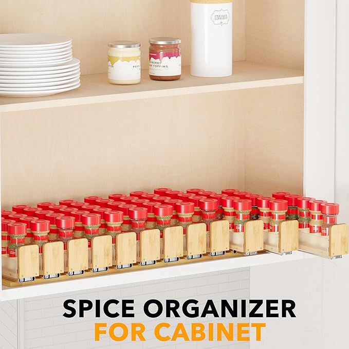 SpaceAid Bamboo Pull Out Spice Rack Organizer for Cabinet, Heavy Duty Slide Out Seasoning Kitchen Pantry Sliding Vertical Org