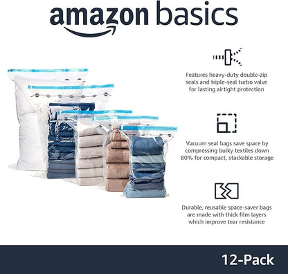 Amazon Basics Vacuum Storage Bags with Hand Pump for Travel, Space Saving Compression Bags for Clothes and Blankets, Clear, 1