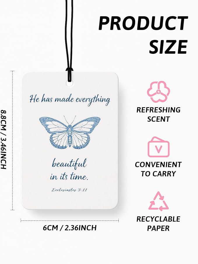 Blue Christian Car Air Freshener 4 Pcs, Preppy Blue Butterfly Tulip Religious Bible Verse Hanging Air Freshener for Closet Dr