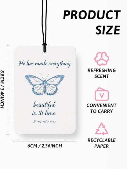 Blue Christian Car Air Freshener 4 Pcs, Preppy Blue Butterfly Tulip Religious Bible Verse Hanging Air Freshener for Closet Dr