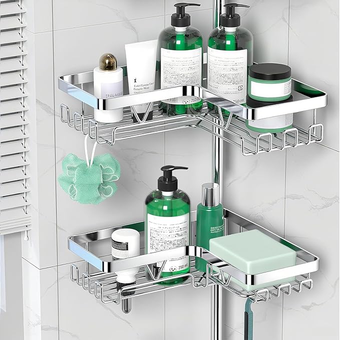 Corner Shower Caddy Tension Pole - Chrome Tension Rod Shower Caddy Adjustable Shampoo Holder for Bathroom/Bathtub/RV, Stainle