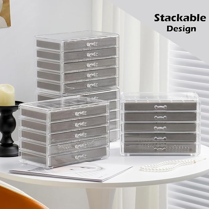 YUFONG Jewelry Organizer with 5 Drawers Clear Acrylic Earring Display Case Velvet Jewelry Storage Box Display Holder for Earr