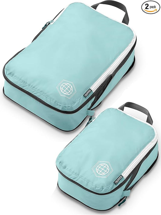 TRIPPED Compression Packing Cubes — 2-Piece Set | 1 Large (14"×10"×4") + 1 Small (10"×7"×4") | Compresses to 2" | Ripstop Nylon | Carry-On & Personal Item | Dusty Teal/White
