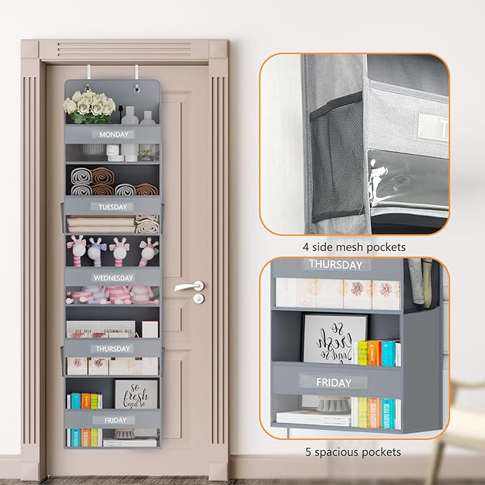 VERONLY Over The Door Organizer Storage, 5 Shelf Hanging Organizer with 4 Large Capacity Pockets, Anti Tilt 44 lb Load Behind