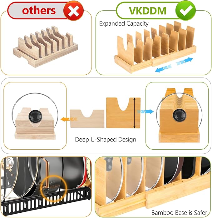 Pots and Pans Organizer for under Cabinet - Expandable Bamboo Pot Lid Organizer, Bakeware and Cutting Board Organizers, Drawer Pot Lid Holder Rack for Kitchen Organizers and Storage