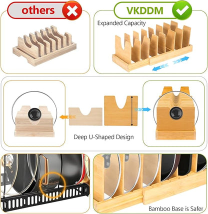 Pots and Pans Organizer for under Cabinet - Expandable Bamboo Pot Lid Organizer, Bakeware and Cutting Board Organizers, Drawer Pot Lid Holder Rack for Kitchen Organizers and Storage