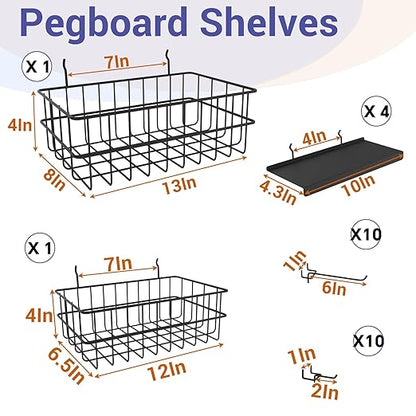 26PCS Peg Board Organizer Accessories Kit, Assortment 2PCS Wire Baskets, 4PCS Shelves, 20PCS Hooks for 1/4” and 3/16” Pegboar