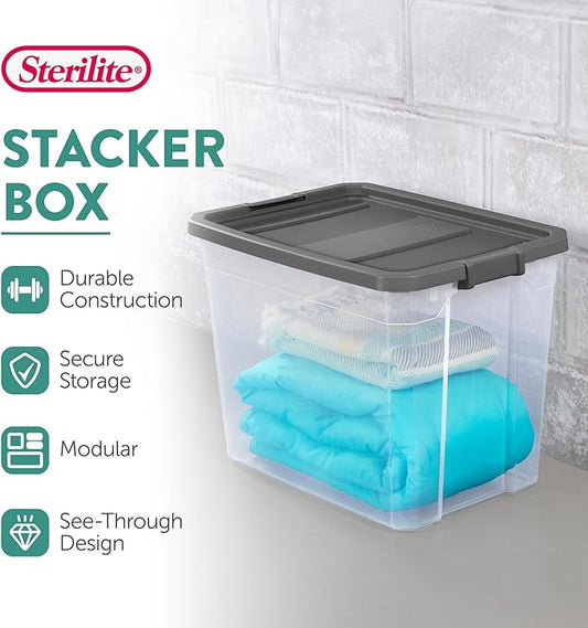 Sterilite 16-Pack Modular Stacker Box, Durable Clear Plastic Storage Bins with Latching Lids, 108 Quart - Stackable Organizin
