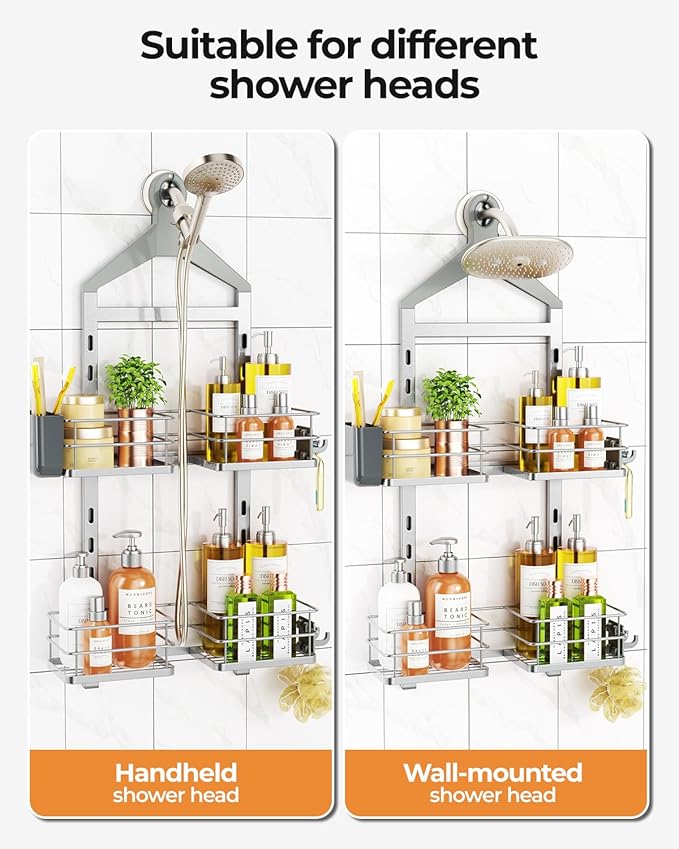 ODesign 2 Tier Height-Adjustable Shower Caddy Hanging Anti-Swing-Over The Shower Head Caddy-Storage Organizer Bathroom Shelve