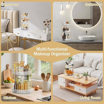 MOKANI 360 Rotating Makeup Organizer for Vanity, 2 Tier Adjustable Perfume Organizer for Dresser, Multi-Function Spinning Cos