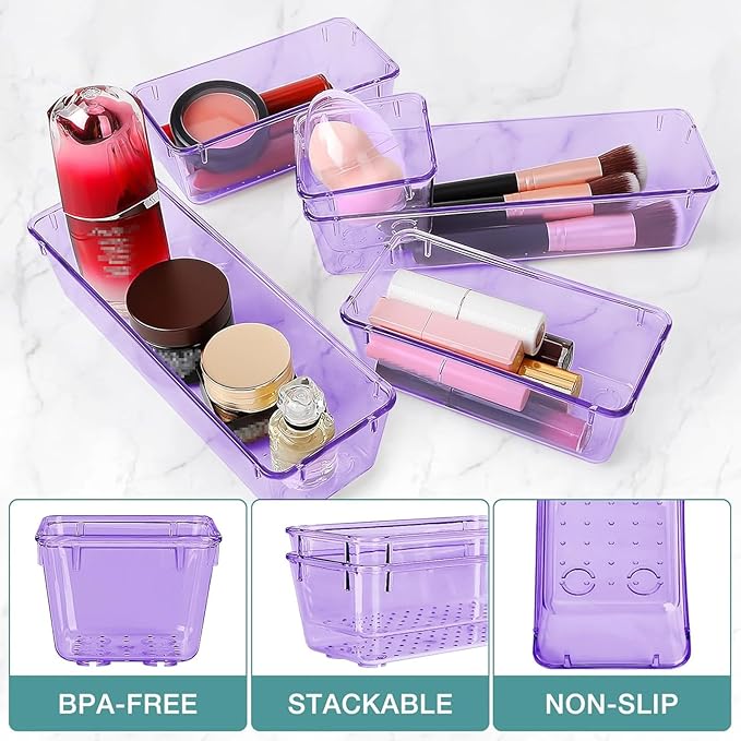 StorMiracle 13 PCS Drawer Organizer Set, 5 Varied Size Bathroom and kitchen Drawer cabinet organizer Trays, Clear Storage Bin