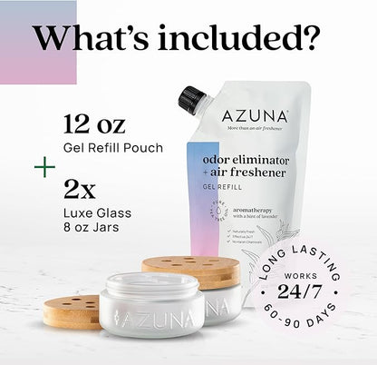 Azuna Air Freshener & Odor Eliminator for Strong Odor | 2 Room Kit Includes (2) 8 oz. Empty Luxe Glass Jars & 12 oz | Refill 