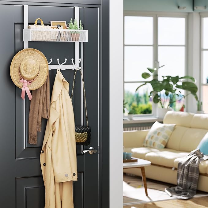 Consumest Over The Door Hooks Organizer - Door Hanger with Mesh Basket & 16 Coat Rack Hooks, Back Storage Organizer for Bedro