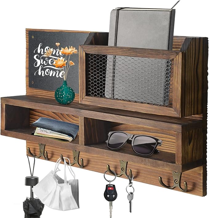 Key Holder for Wall, Mail Organizer Wall Mount with Key Hooks and Wallet Holder, Sunglasses Storage and Dog Leash Hanger, Dec