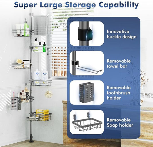 Corner Shower Caddy Tension Pole,30-120 Inch Adjustable Shower Organizer, 6-Tier Shower Shelves with Towel Rack/Toothbrush Ho