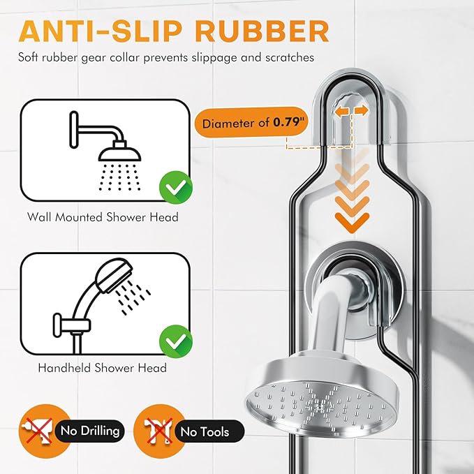 Adjustable Height Shower Caddy Hanging for Handheld Shower Heads, Shower Racks with Soap Holder 8 Hooks, No-Drilling, Anti-Sw