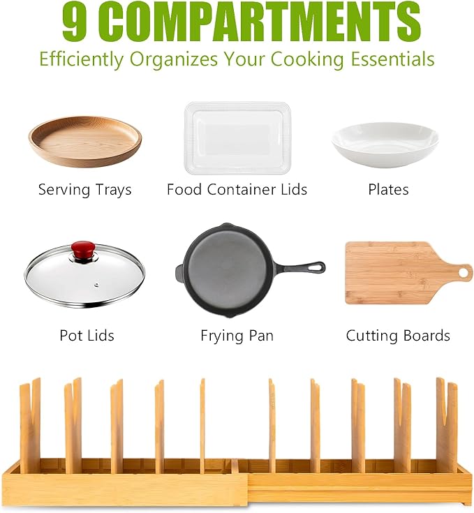 Pots and Pans Organizer for under Cabinet - Expandable Bamboo Pot Lid Organizer, Bakeware and Cutting Board Organizers, Drawer Pot Lid Holder Rack for Kitchen Organizers and Storage