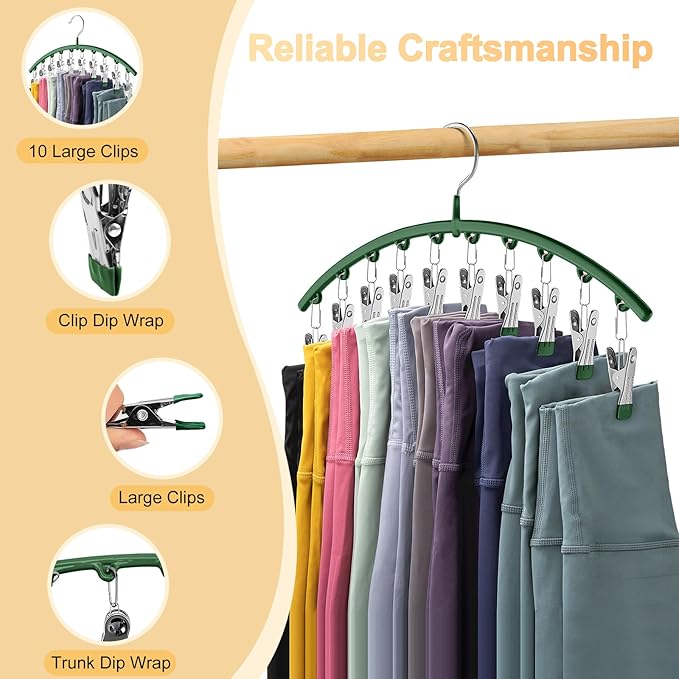 Legging Organizer for Closet, Metal Yoga Pants Hangers 4 Pack w/10 Clips Holds 40 Leggings, Space Saving Hanging Closet Organ