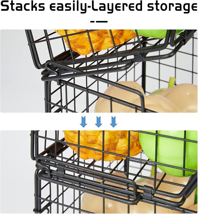 2-Tier Stackable Wire Baskets for Counter, Potato and Onion Storage Bin, Fruit and Vegetable Storage Bins with Ventilated Mes