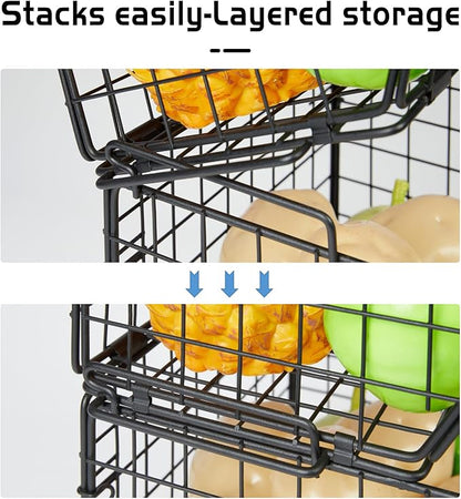 2-Tier Stackable Wire Baskets for Counter, Potato and Onion Storage Bin, Fruit and Vegetable Storage Bins with Ventilated Mes