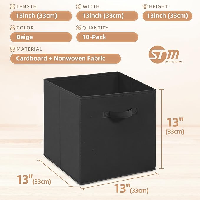 STORAGE MANIAC Storage Cubes, 13 Inch Collapsible Storage Bins with Handles, 10 Pack Fabric Foldable Bins for Organization, D