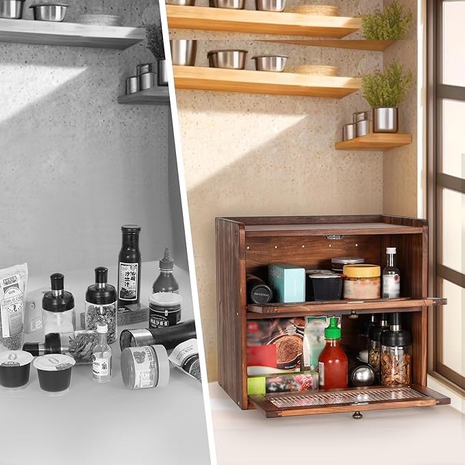 Sunhoo Bread Box for Kitchen Countertop Wooden Bread Storage Container Bin 2 Layer Breadbox Holder Large Capacity Keeper Vint